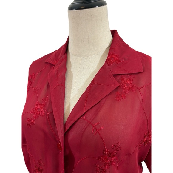 Vtg 90s Sheer Red Embroidered Top Buttons Up  Sz S Romantic Whimsigoth Fairy - Picture 4 of 6